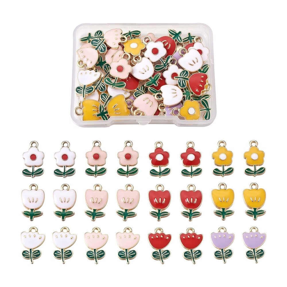 7782 48pcs Enamel Flower Pendants 3 Styles Gold Plated Enameled Floral